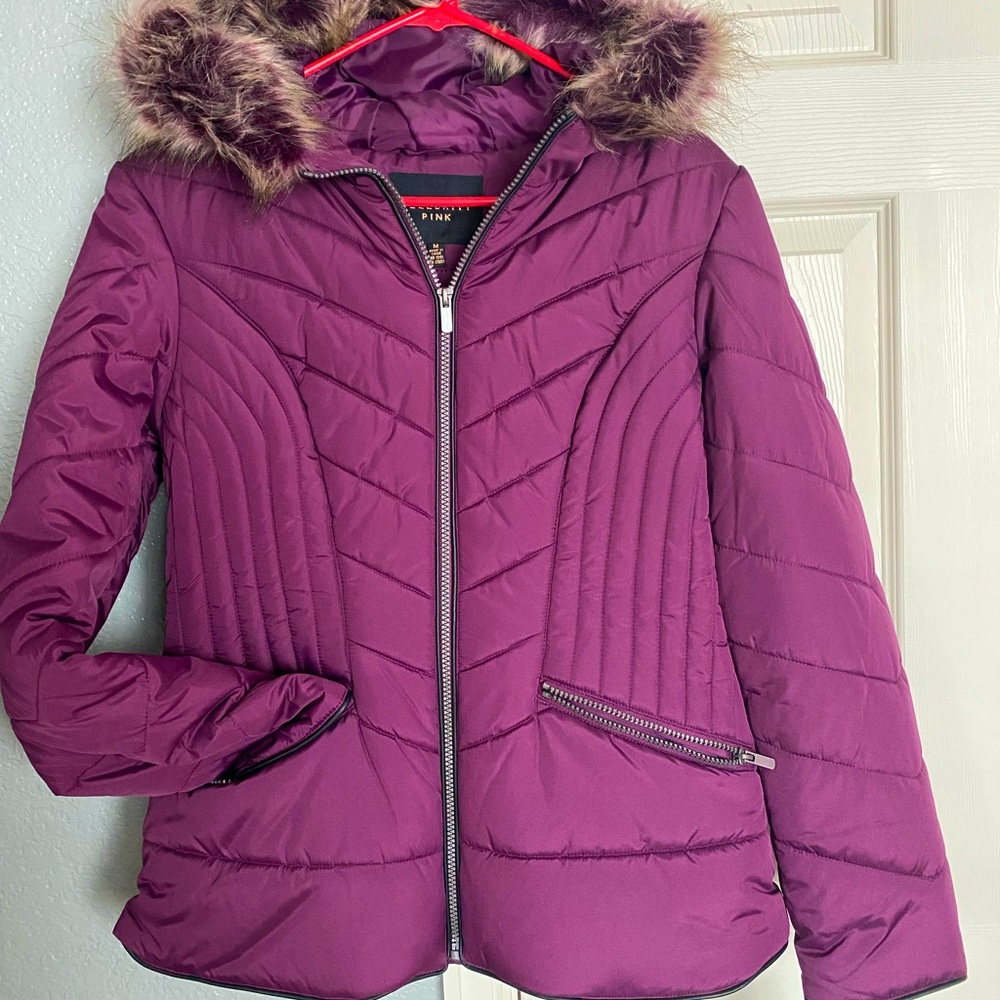 NWT Purple/Wine Puffer Coat with Faux Fur Hood. Never worn - Beautiful Color!